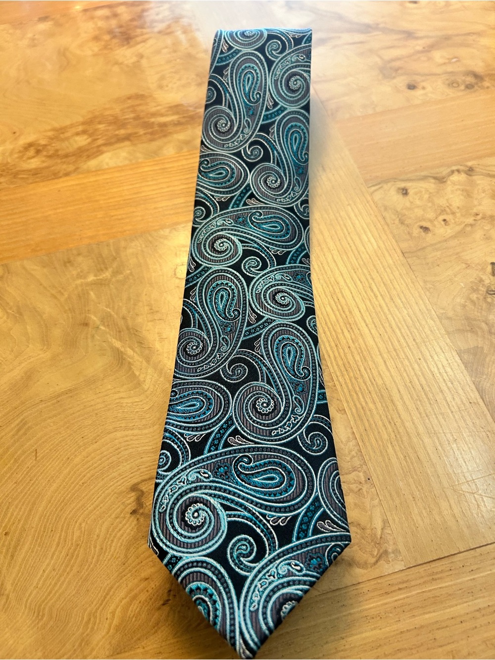 Pronto Uomo Black Tie with Teal and Gray Paisley Pattern 3.25”W New w tags